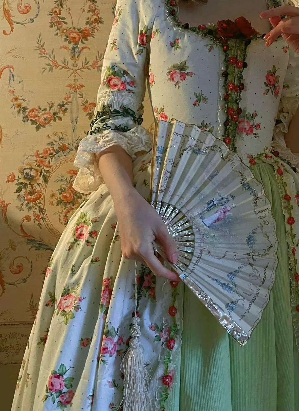 Marie Antoinette Pastel Green and Pink Floral Ball Gown - Rococo Style Dress and Corset Back Wedding Dress with Floral Accents Plus Size - WonderlandByLilian