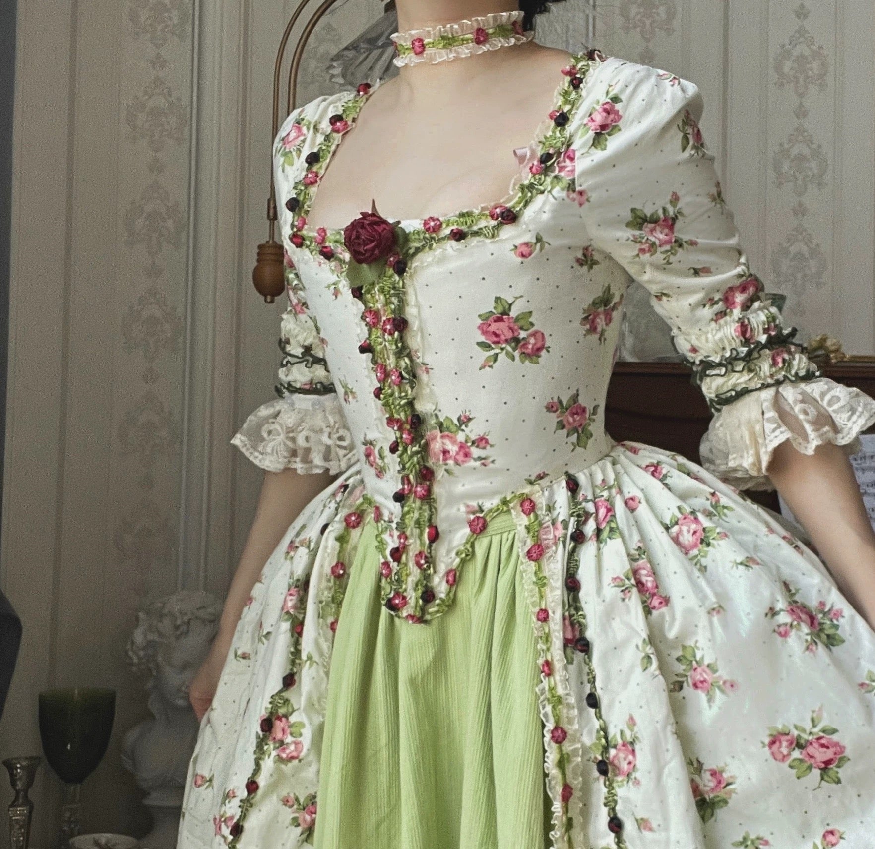 Court Rococo Marie Antoinette Pastel Green and Pink Floral Ball Gown - Rococo Style ...