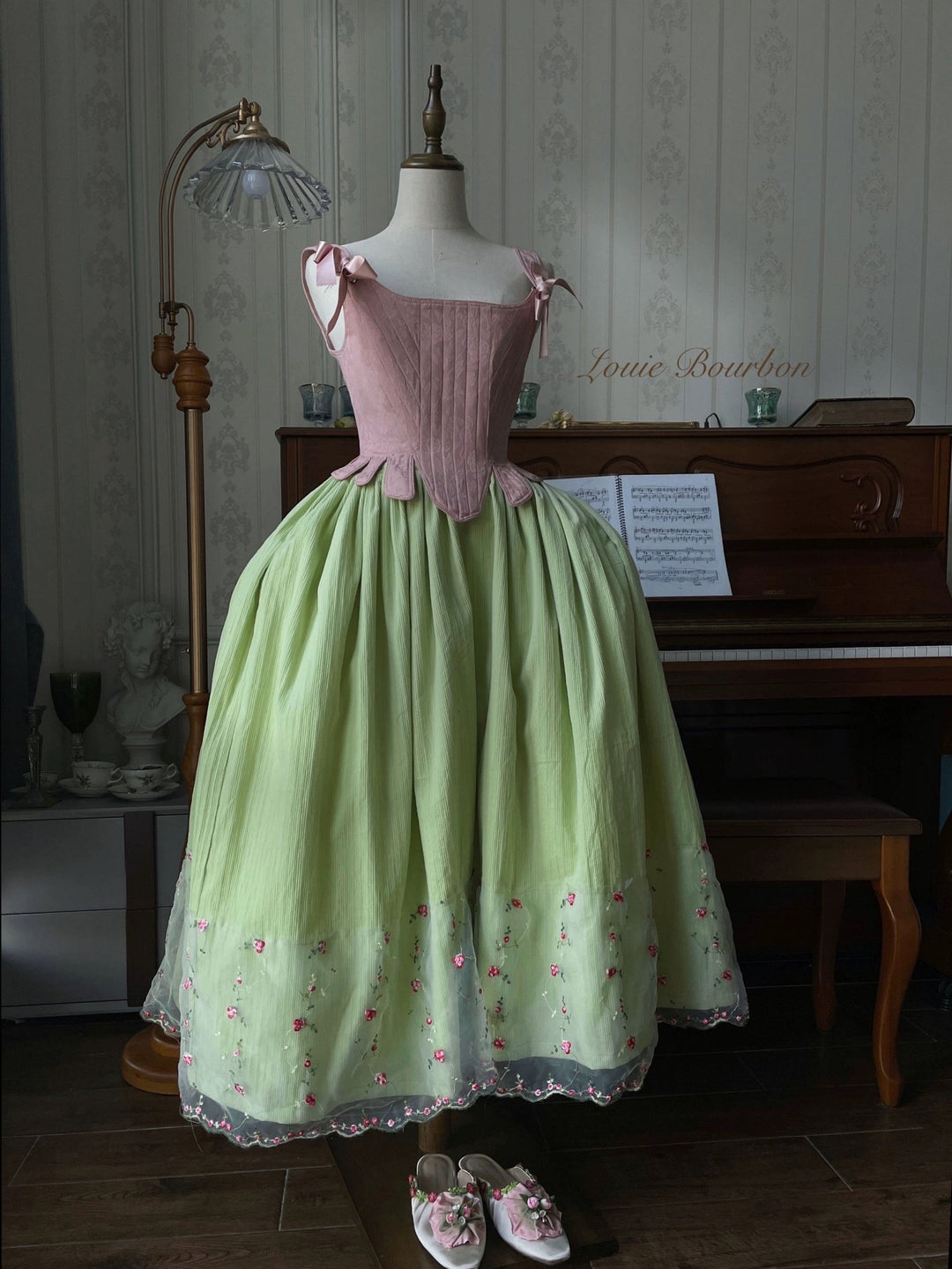 Marie Antoinette Pastel Green and Pink Floral Ball Gown - Rococo Style Dress and Corset Back Wedding Dress with Floral Accents Plus Size Size 14 / Marie Antoinette Pastel Green and Pink Floral Ball Gown - Rococo Style Dress and Corset Back Wedding Dress with Floral Accents Plus Size Size 14 /
