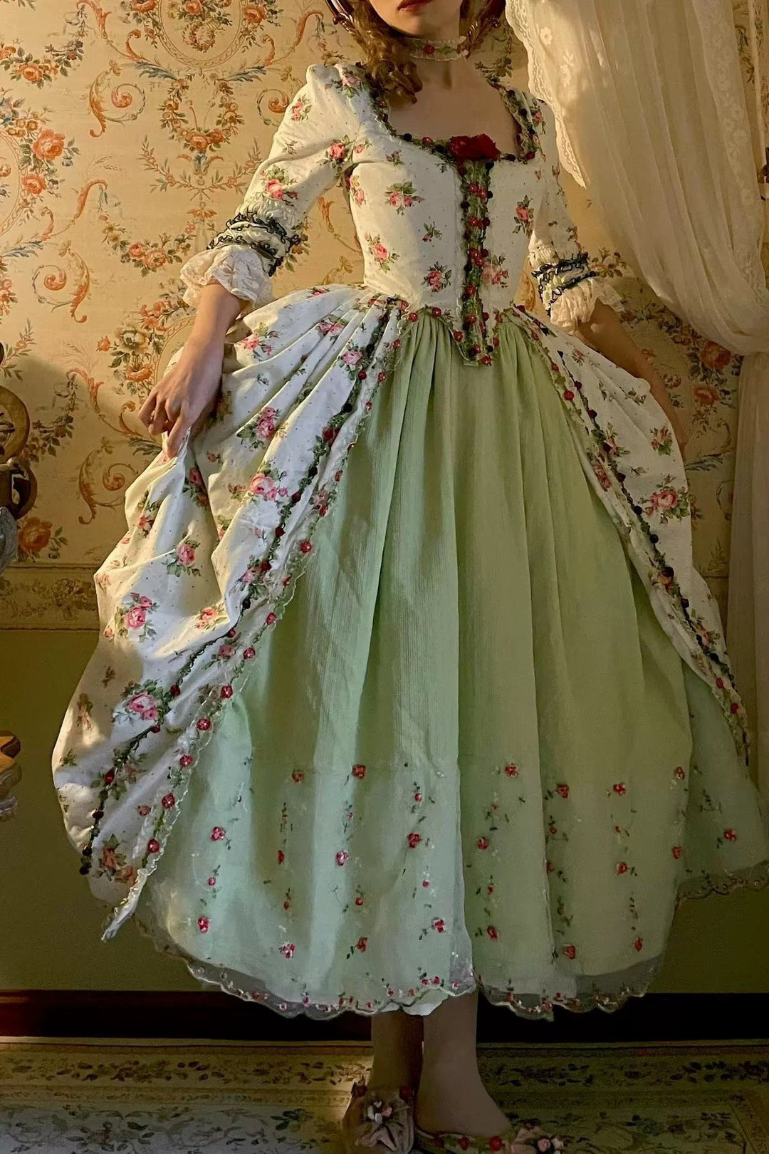 Marie Antoinette Pastel Green and Pink Floral Ball Gown Rococo Style Dress and Corset Back Wedding Dress with Floral Accents Plus Size