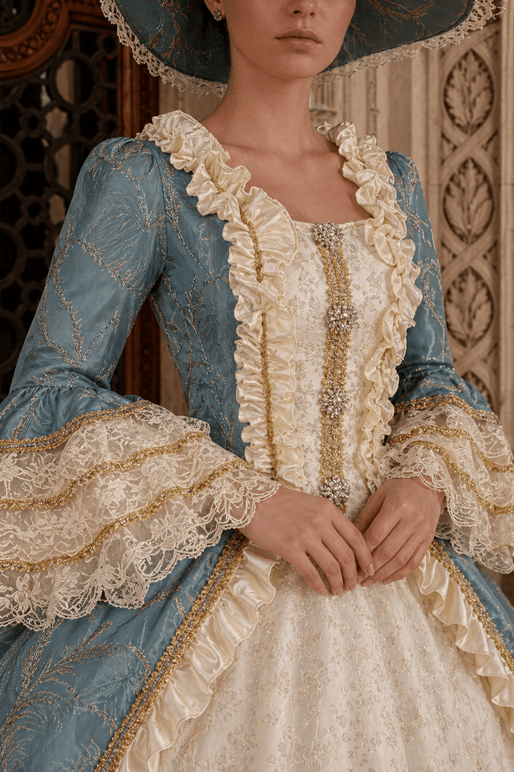 Marie Antoinette Rococo Ball Gown in Powder Blue and Ivory with Lace Bell Sleeves – Baroque Wedding Dress Plus Size - WonderlandByLilian