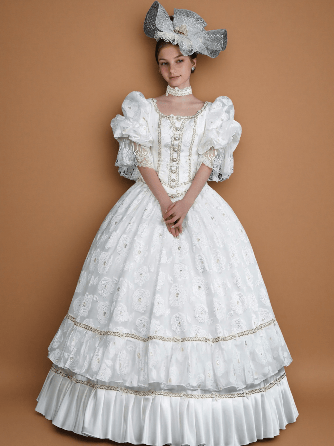 Marie Antoinette Rococo Ball Gown – White Rococo Sand Dress with Puff Sleeves and Embroidered Floral Detail - WonderlandByLilian