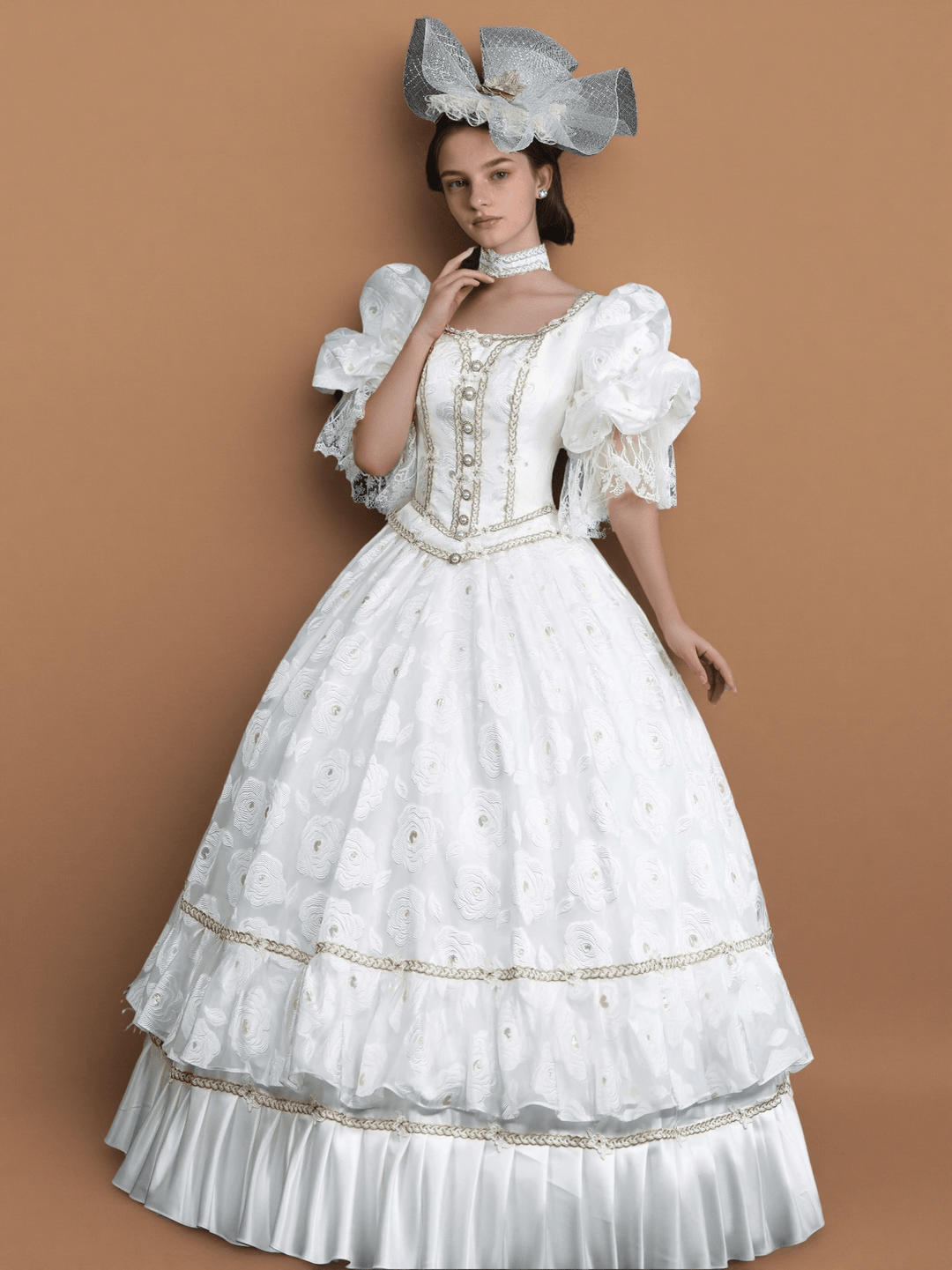 Marie Antoinette Rococo Ball Gown – White Rococo Sand Dress with Puff Sleeves and Embroidered Floral Detail - WonderlandByLilian