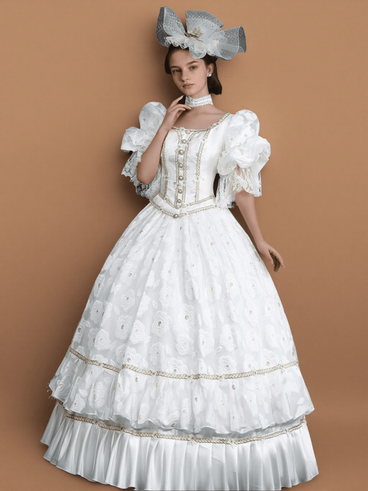Marie Antoinette Rococo Ball Gown – White Rococo Sand Dress with Puff Sleeves and Embroidered Floral Detail - WonderlandByLilian