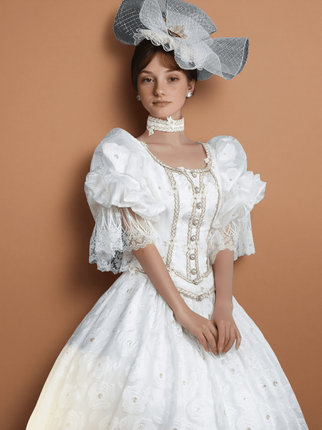 Marie Antoinette Rococo Ball Gown – White Rococo Sand Dress with Puff Sleeves and Embroidered Floral Detail Size 24W / White