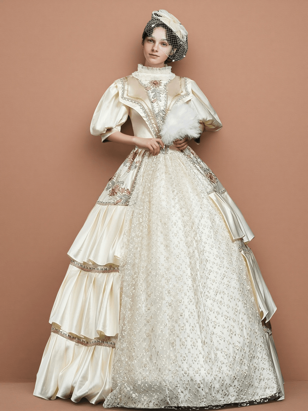 victorian style white dress Marie Antoinette Rococo Style Dress – Cream Victorian Ball Gown with Floral Embroidery and Layered Skirt Size 0 / Cream