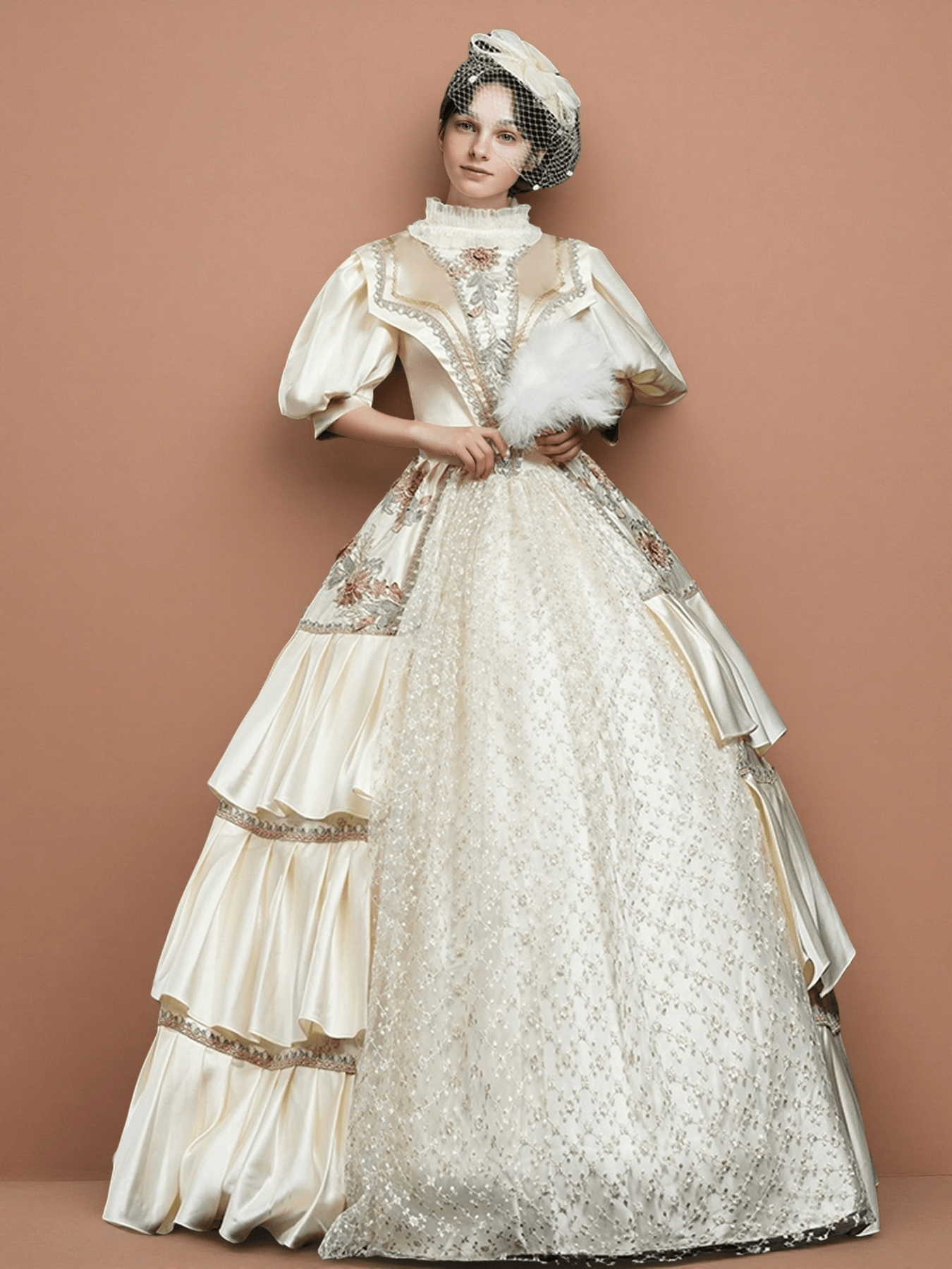 Marie Antoinette Rococo Style Dress – Cream Victorian Ball Gown with Floral Embroidery and Layered Skirt Size 28W / Cream
