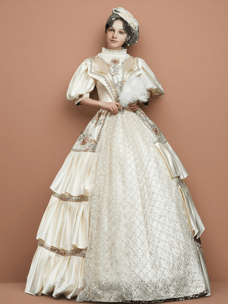 Marie Antoinette Rococo Style Dress – Cream Victorian Ball Gown with Floral Embroidery and Layered Skirt Size 28W / Cream