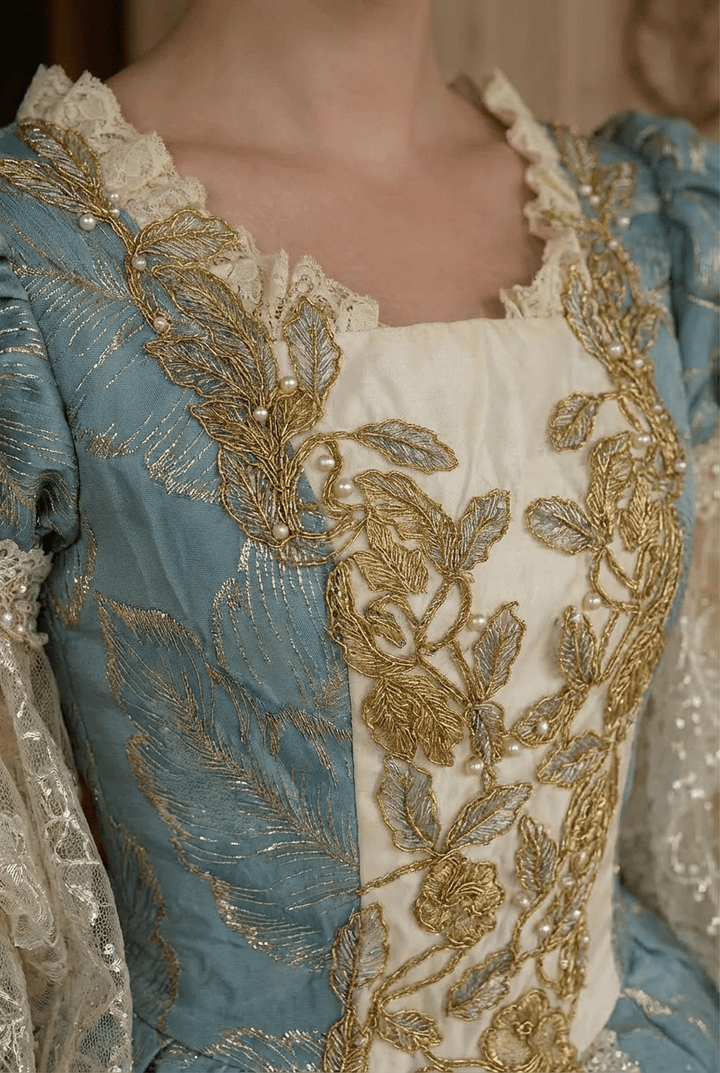 Marie Antoinette Rococo Style Dress in Blue and Ivory with Layered Skirt and Lace Bell Sleeves – Baroque Ball Gown Plus Size - WonderlandByLilian