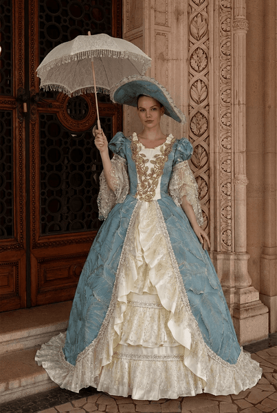 Marie Antoinette Rococo Style Dress in Blue and Ivory with Layered Skirt and Lace Bell Sleeves β Baroque Ball Gown Plus Size Size 8 / Light Blue