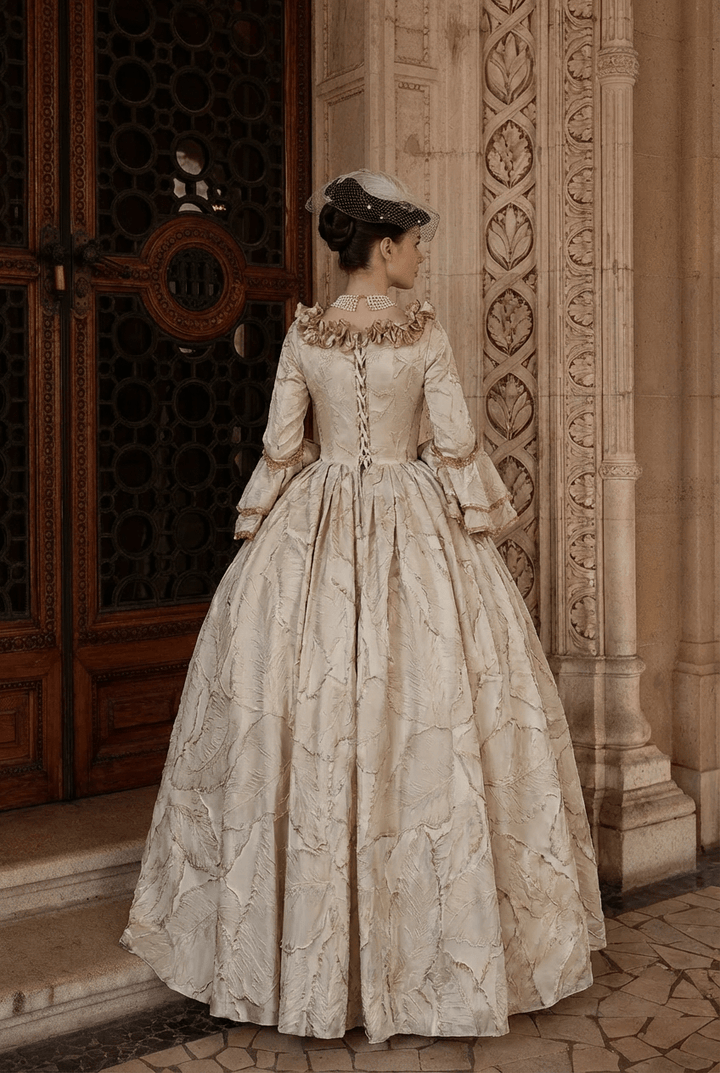 Marie Antoinette Rococo Style Dress in Cream and Rose Pink with Ruffle Trim and Lace Sleeves – Victorian Ball Gown Plus Size - WonderlandByLilian