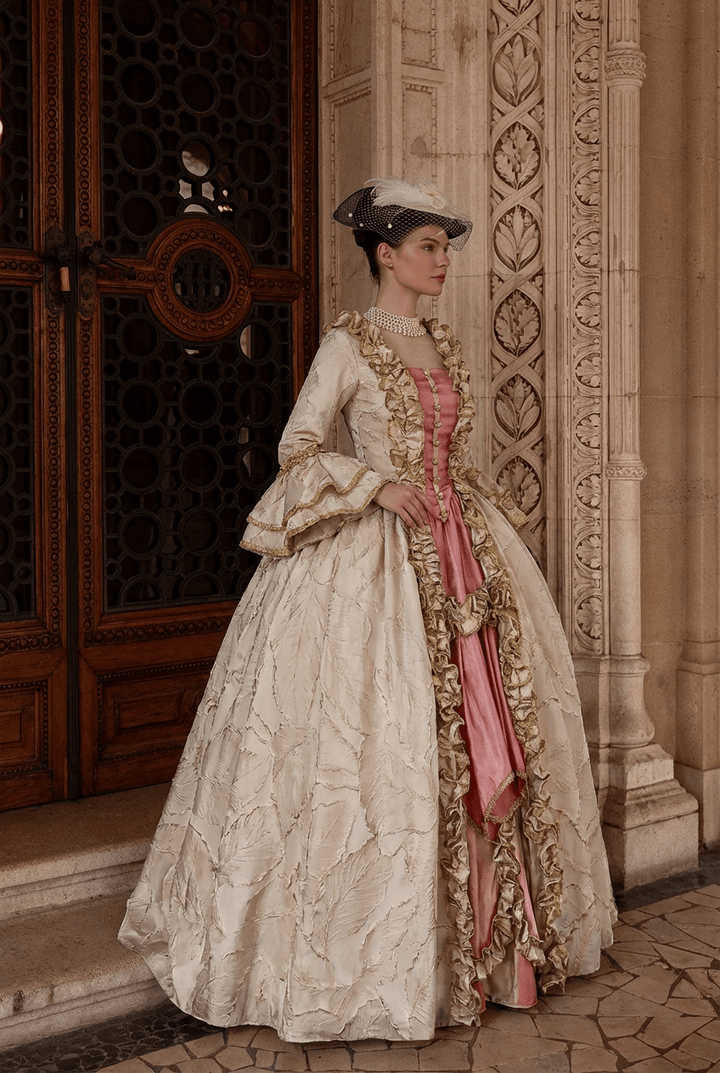 Marie Antoinette Rococo Style Dress in Cream and Rose Pink with Ruffle Trim and Lace Sleeves – Victorian Ball Gown Plus Size - WonderlandByLilian