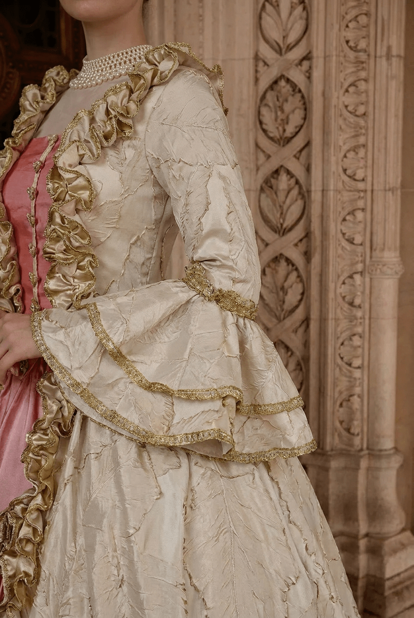 Marie Antoinette Rococo Style Dress in Cream and Rose Pink with Ruffle Trim and Lace Sleeves – Victorian Ball Gown Plus Size - WonderlandByLilian