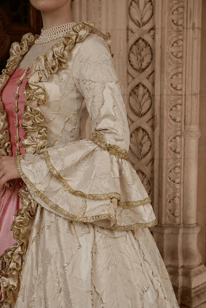 Marie Antoinette Rococo Style Dress in Cream and Rose Pink with Ruffle Trim and Lace Sleeves – Victorian Ball Gown Plus Size - WonderlandByLilian