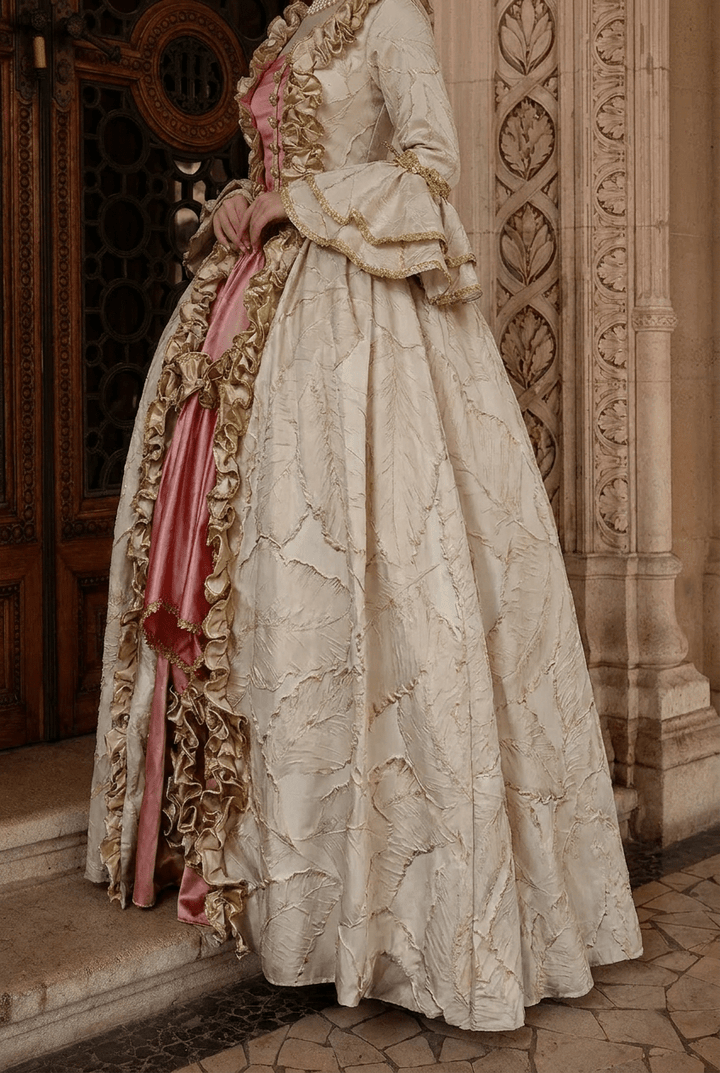 Marie Antoinette Rococo Style Dress in Cream and Rose Pink with Ruffle Trim and Lace Sleeves – Victorian Ball Gown Plus Size - WonderlandByLilian