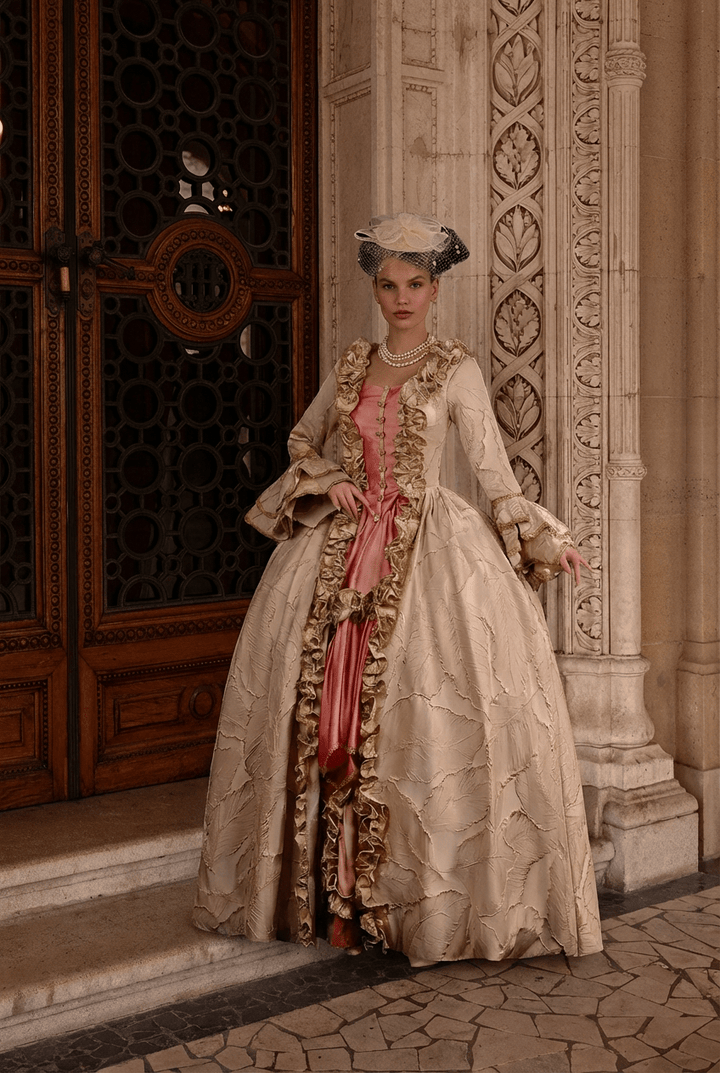 Marie Antoinette Rococo Style Dress in Cream and Rose Pink with Ruffle Trim and Lace Sleeves – Victorian Ball Gown Plus Size - WonderlandByLilian