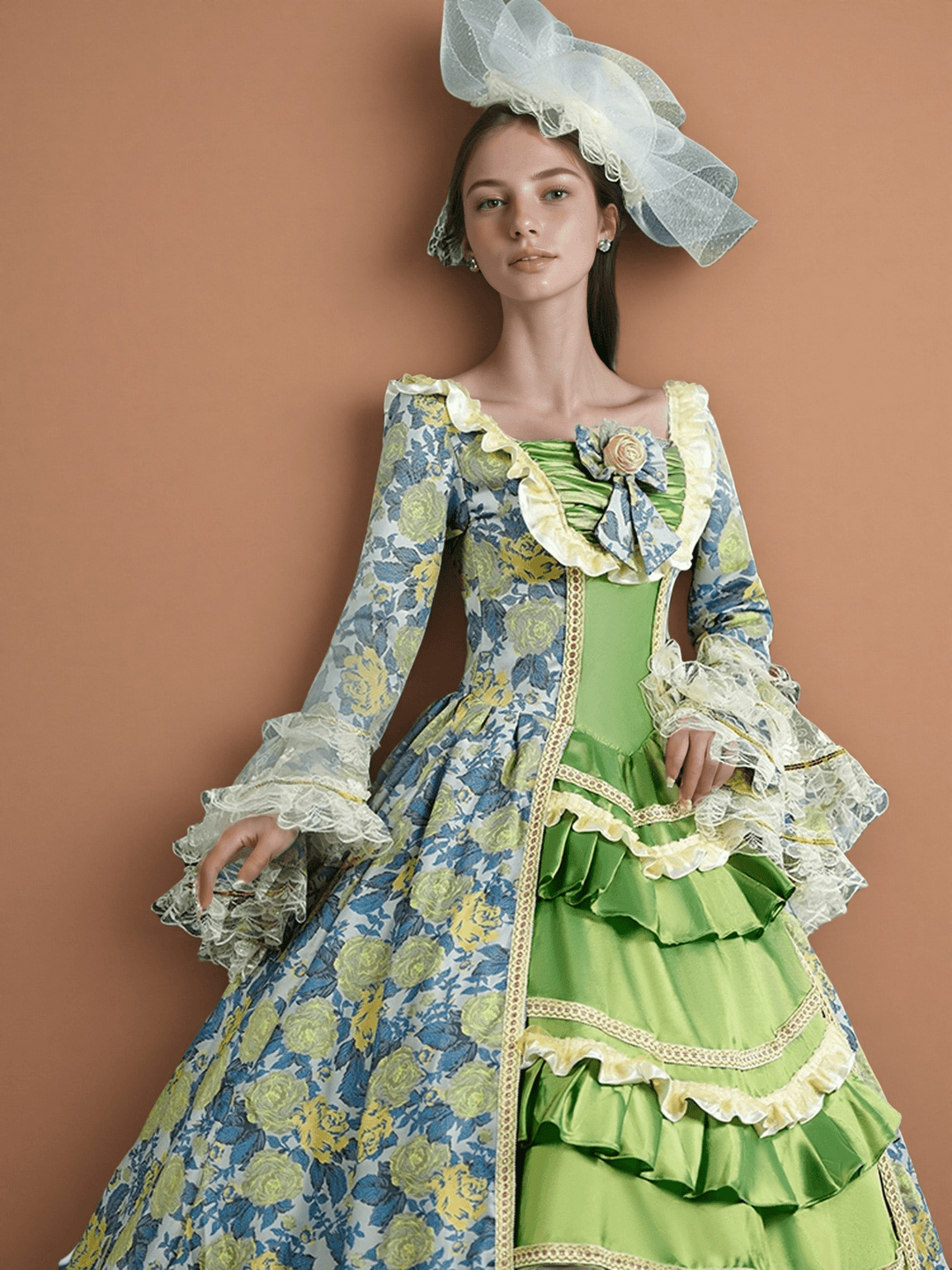 Marie Antoinette Rococo Style Dress in Green and Blue Floral Brocade with Lace Bell Sleeves – Baroque Ball Gown Plus Size - WonderlandByLilian