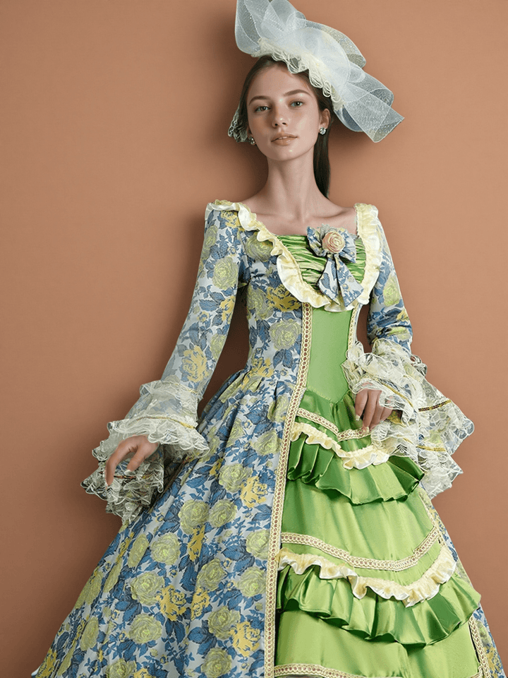 Marie Antoinette Rococo Style Dress in Green and Blue Floral Brocade with Lace Bell Sleeves – Baroque Ball Gown Plus Size - WonderlandByLilian