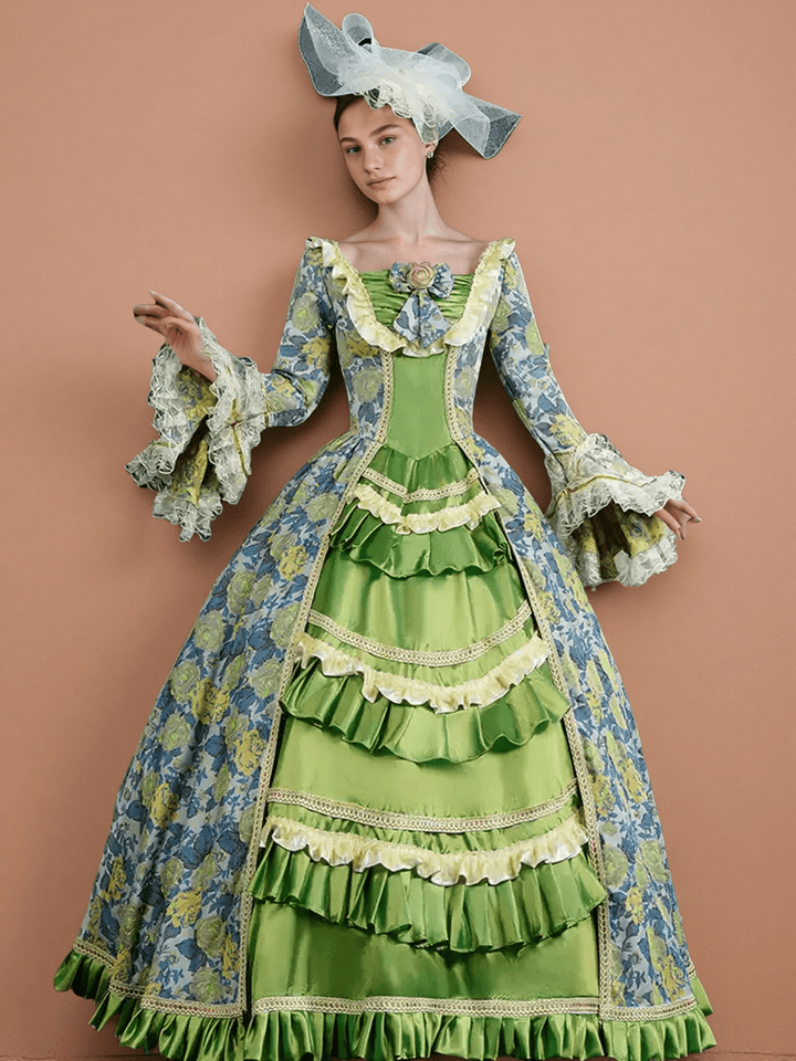 Marie Antoinette Rococo Style Dress in Green and Blue Floral Brocade with Lace Bell Sleeves – Baroque Ball Gown Plus Size - WonderlandByLilian