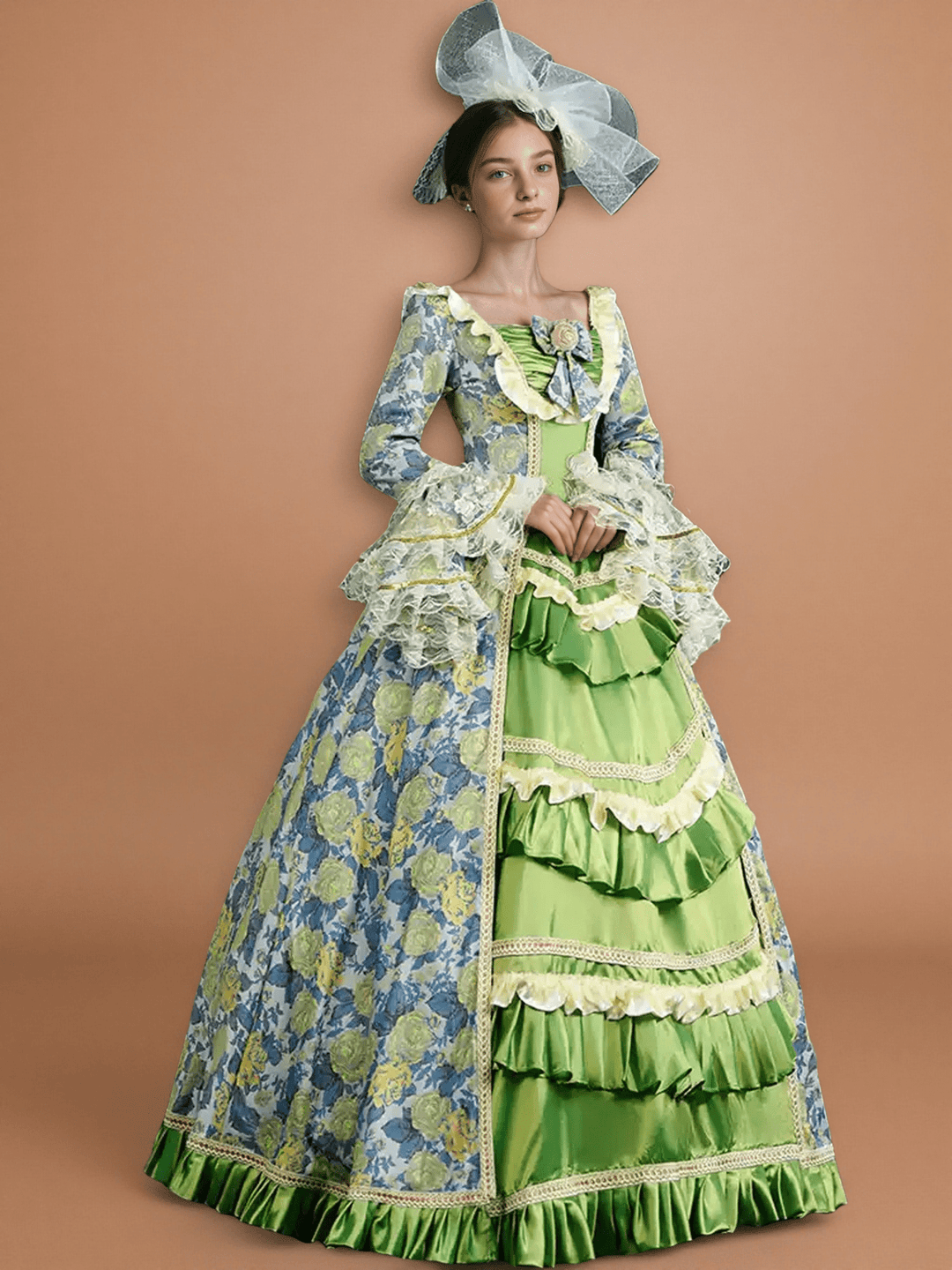 Marie Antoinette Rococo Style Dress in Green and Blue Floral Brocade with Lace Bell Sleeves – Baroque Ball Gown Plus Size - WonderlandByLilian