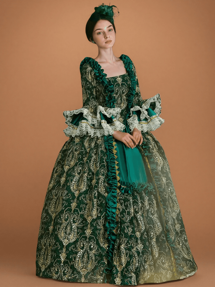 Marie Antoinette Rococo Style Dress in Green Brocade with Lace Bell Sleeves – Victorian Ball Gown Plus Size - WonderlandByLilian