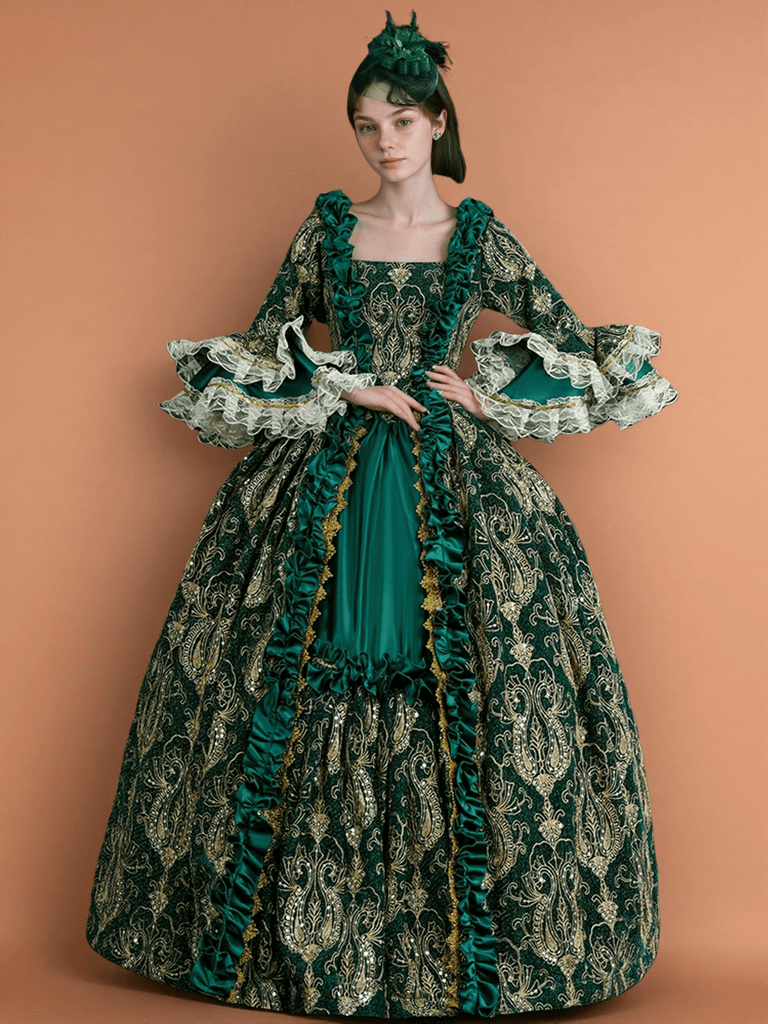 Marie Antoinette Rococo Style Dress in Green Brocade with Lace Bell Sleeves – Victorian Ball Gown Plus Size Size 16W / Teal Green