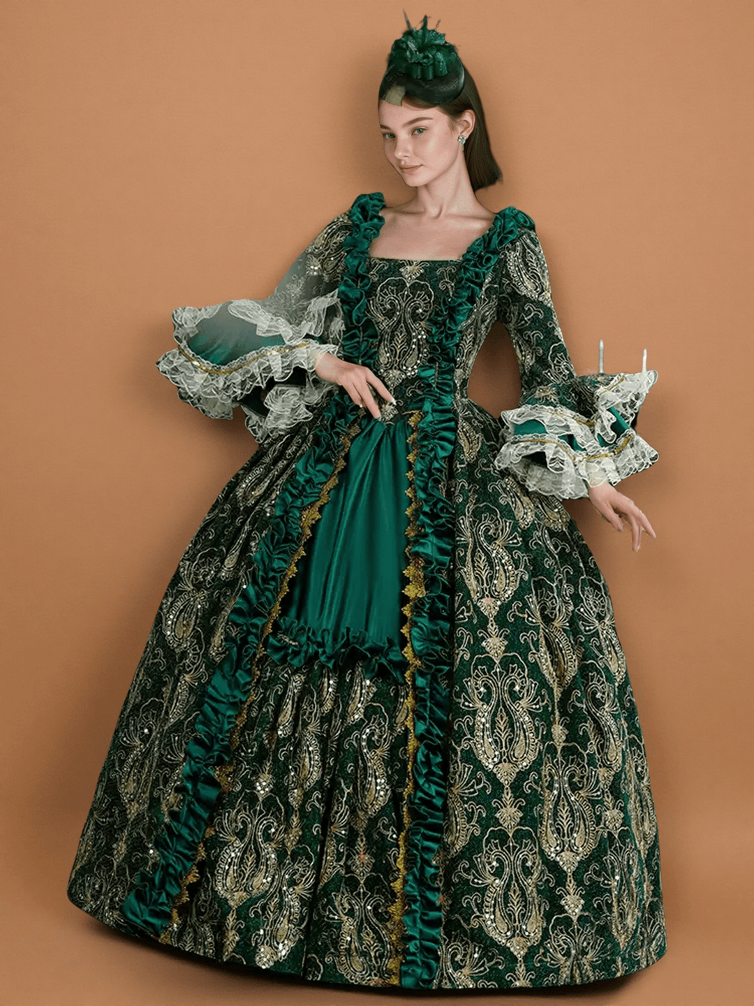 Marie Antoinette Rococo Style Dress in Green Brocade with Lace Bell Sleeves โ Victorian Ball Gown Plus Size Size 16W / Teal Green