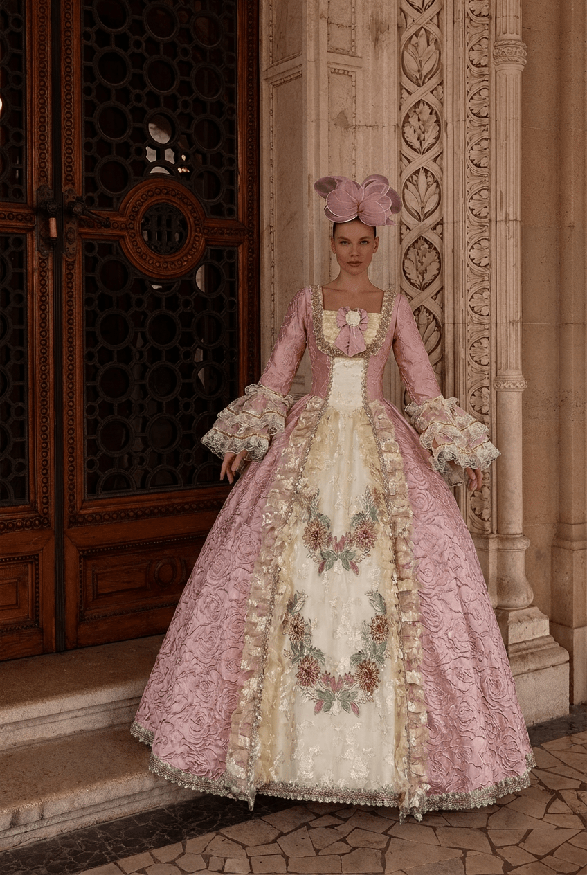 Marie Antoinette Rococo Style Dress in Pink Floral Brocade with Embroidered Front Panel – Baroque Wedding Gown Plus Size - WonderlandByLilian