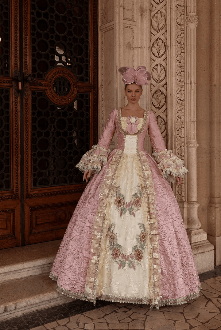 Marie Antoinette Rococo Style Dress in Pink Floral Brocade with Embroidered Front Panel – Baroque Wedding Gown Plus Size - WonderlandByLilian