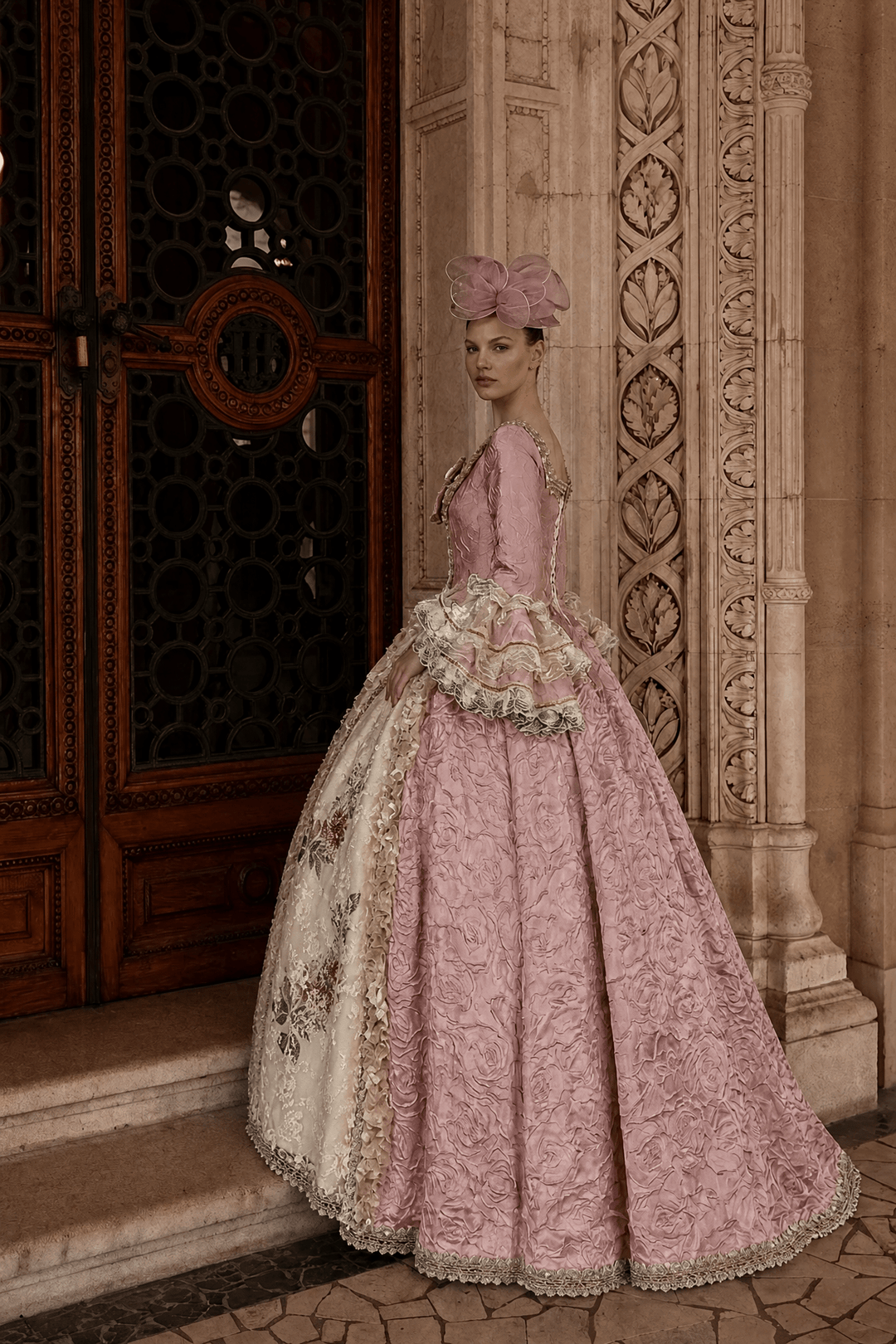 Marie Antoinette Rococo Style Dress in Pink Floral Brocade with Embroidered Front Panel – Baroque Wedding Gown Plus Size - WonderlandByLilian