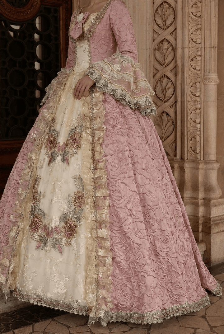 Marie Antoinette Rococo Style Dress in Pink Floral Brocade with Embroidered Front Panel – Baroque Wedding Gown Plus Size - WonderlandByLilian