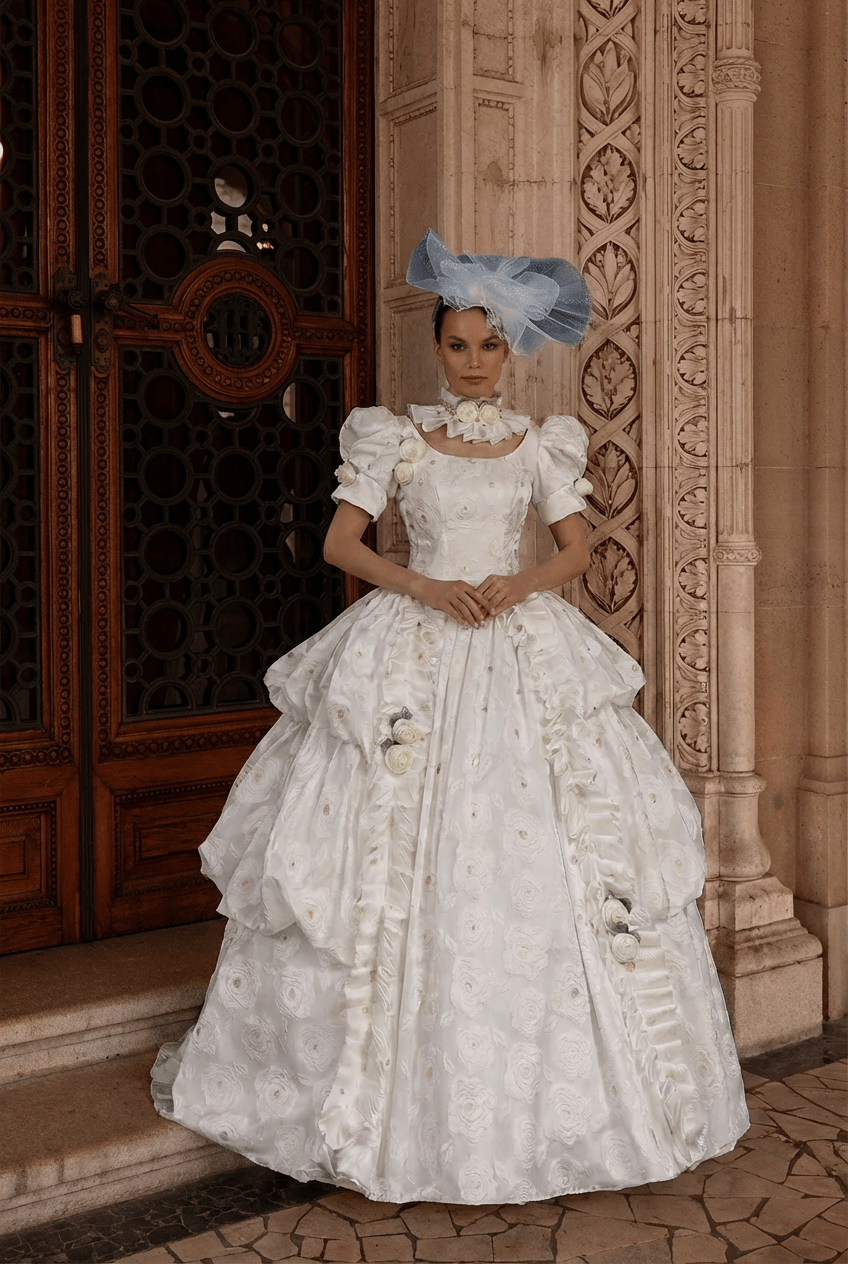 Marie Antoinette Wedding Dress in White Rococo Floral Fabric with Puff Sleeves and Tiered Skirt – Baroque Ball Gown Plus Size - WonderlandByLilian