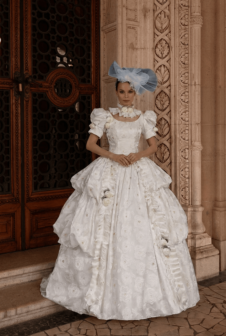 Marie Antoinette Wedding Dress in White Rococo Floral Fabric with Puff Sleeves and Tiered Skirt – Baroque Ball Gown Plus Size - WonderlandByLilian