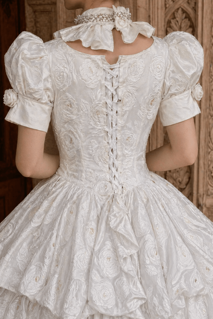 Marie Antoinette Wedding Dress in White Rococo Floral Fabric with Puff Sleeves and Tiered Skirt – Baroque Ball Gown Plus Size - WonderlandByLilian