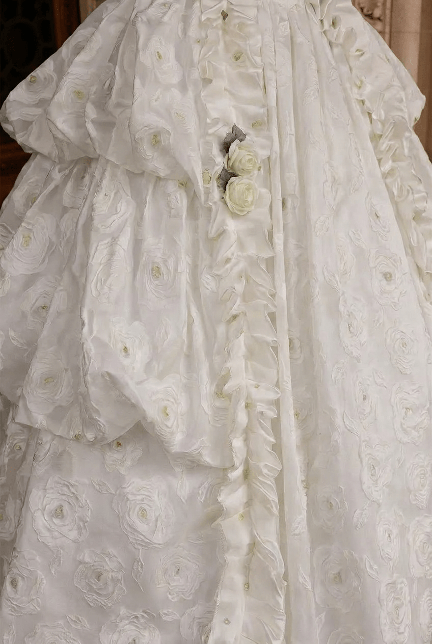 Marie Antoinette Wedding Dress in White Rococo Floral Fabric with Puff Sleeves and Tiered Skirt – Baroque Ball Gown Plus Size - WonderlandByLilian