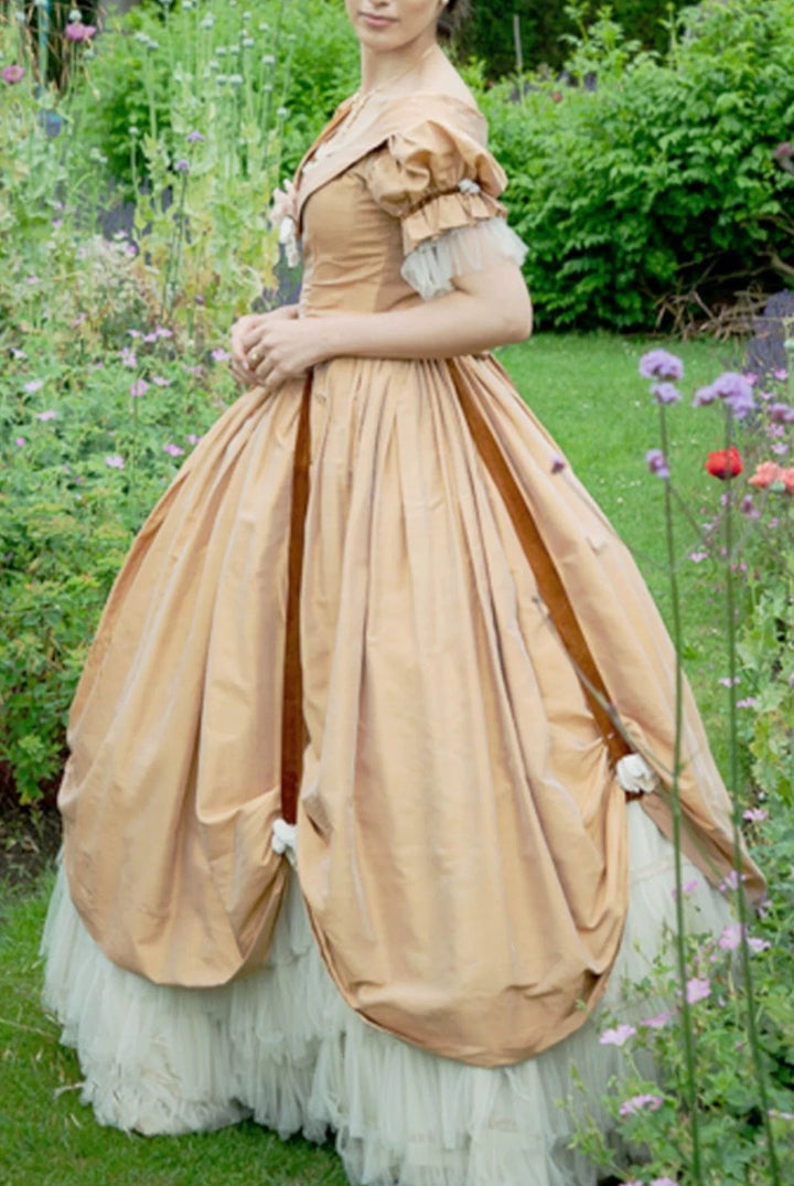 Marie Antoinette Yellow Ball Gown with Bow - Rococo Style Dress with Lace and Floral Accents Plus Size - WonderlandByLilian