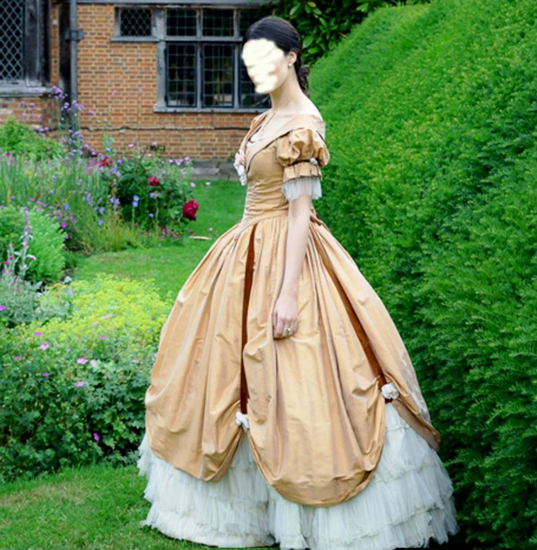 Marie Antoinette Yellow Ball Gown with Bow - Rococo Style Dress with Lace and Floral Accents Plus Size - WonderlandByLilian