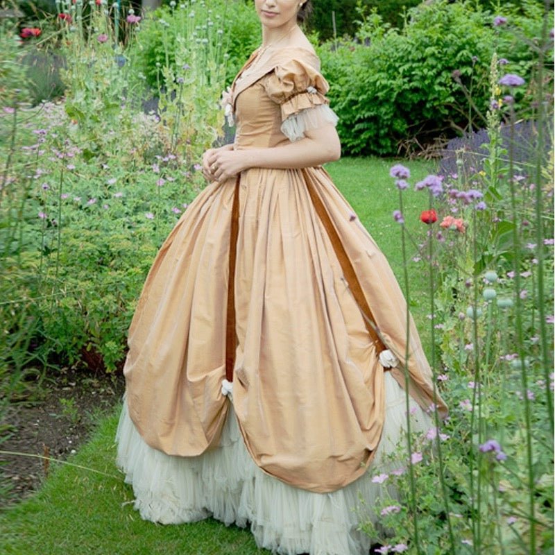 Marie Antoinette Yellow Ball Gown with Bow - Rococo Style Dress with Lace and Floral Accents Plus Size - WonderlandByLilian