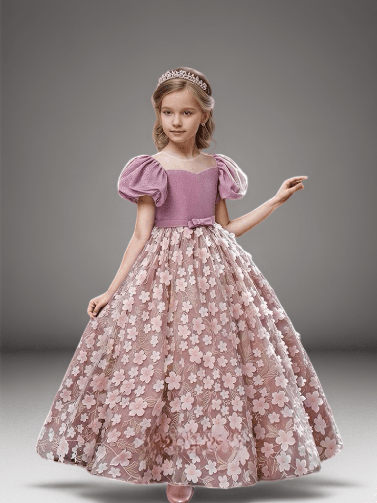 Mauve Rose Pink Puff Sleeve Flower Girl Dress with Floral Appliqué – Elegant Tulle Flower Girl Dress Plus Size - WonderlandByLilian