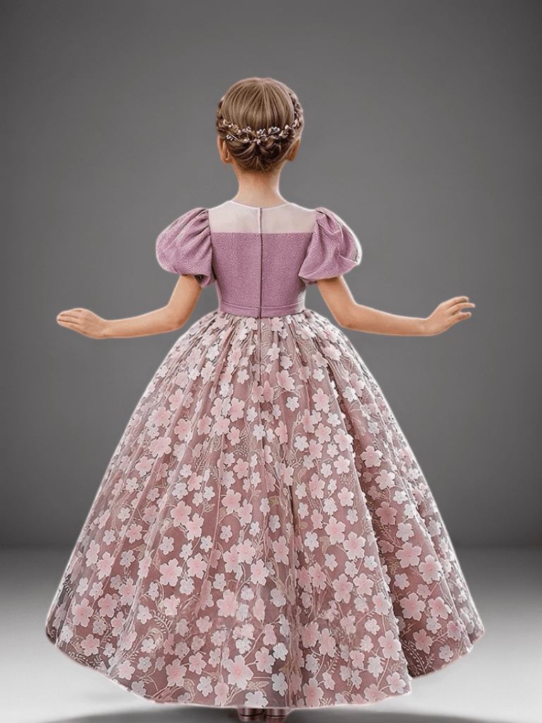 Mauve Rose Pink Puff Sleeve Flower Girl Dress with Floral Appliqué – Elegant Tulle Flower Girl Dress Plus Size - WonderlandByLilian