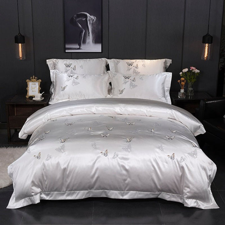 Mazeyna White Silver Silk Cotton Luxury Butterfly Bedding Set - WonderlandByLilian