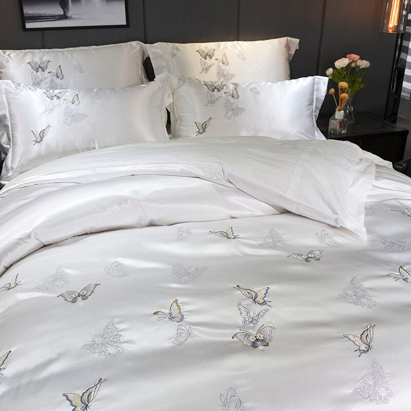 Mazeyna White Silver Silk Cotton Luxury Butterfly Bedding Set - WonderlandByLilian