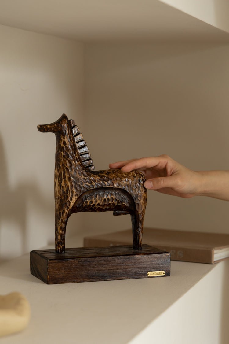 Medieval Handmade African Brown Wooden Horse Sculpture with Textured Carving France Import - WonderlandByLilian
