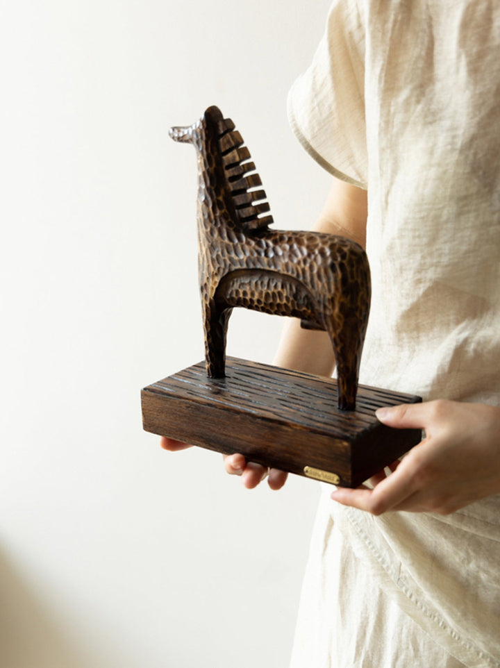 Medieval Handmade African Brown Wooden Horse Sculpture with Textured Carving France Import - WonderlandByLilian