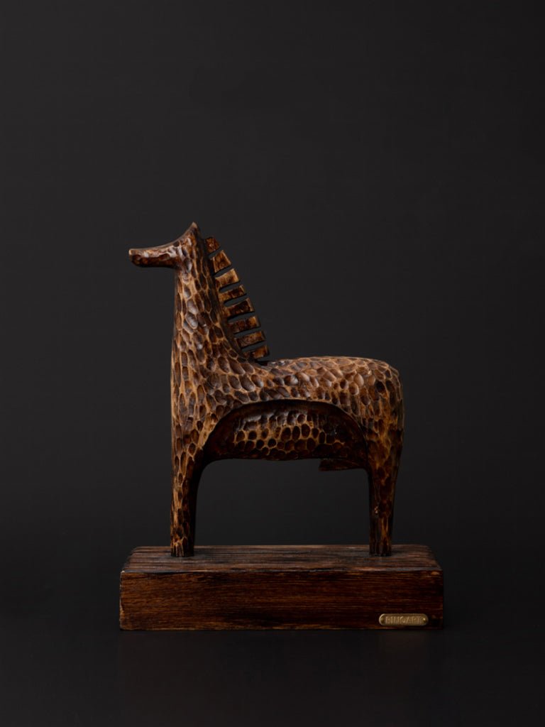 Medieval Handmade African Brown Wooden Horse Sculpture with Textured Carving France Import - WonderlandByLilian