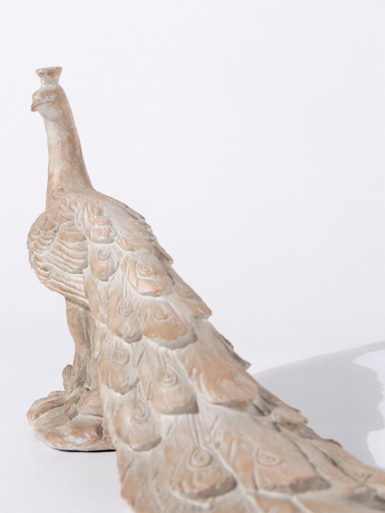 Medieval Handmade French White Peacock Sculpture and Decorative Figurine in Sun - Bleached Ivory Finish - WonderlandByLilian