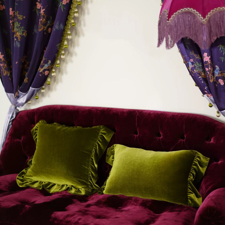 “Merlot Whispers” – Handmade Velvet Ruffle Cushion in Deep Burgundy - WonderlandByLilian