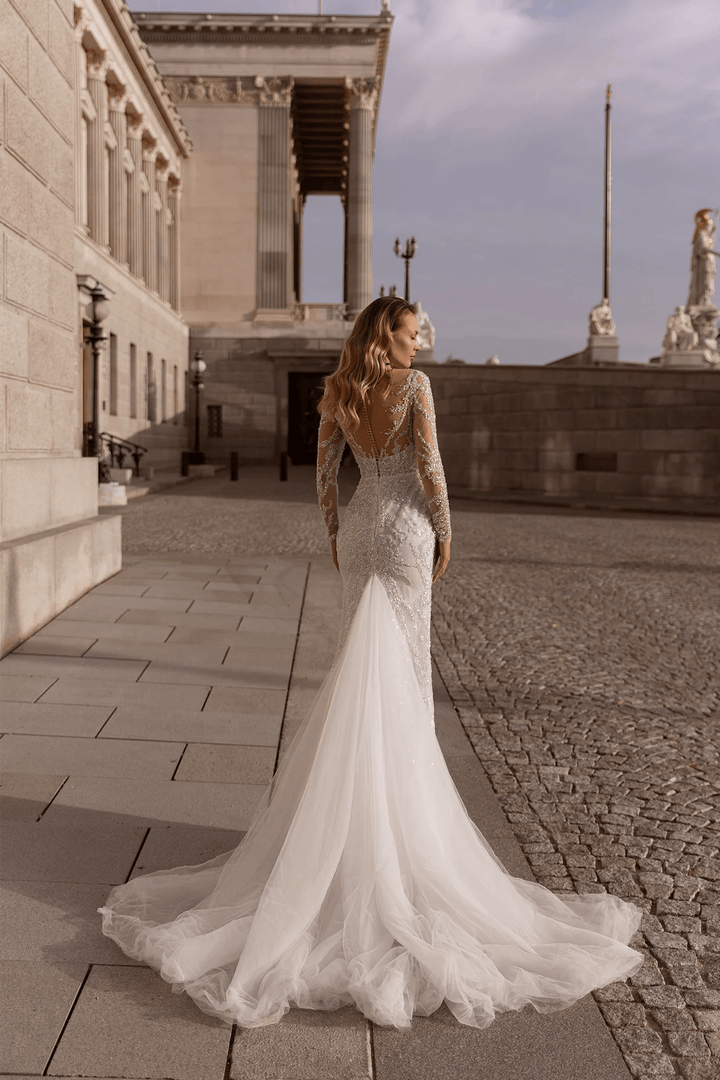 Mermaid Wedding Dress with Sequins – Sparkling Bridal Gown with Optional Sheer Train and Open Back Plus Size - WonderlandByLilian