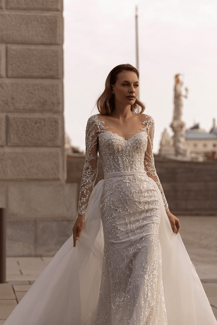 Mermaid Wedding Dress with Sequins – Sparkling Bridal Gown with Optional Sheer Train and Open Back Plus Size - WonderlandByLilian