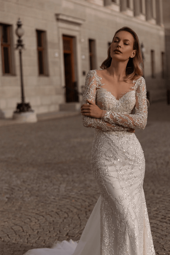 Mermaid Wedding Dress with Sequins – Sparkling Bridal Gown with Optional Sheer Train and Open Back Plus Size - WonderlandByLilian